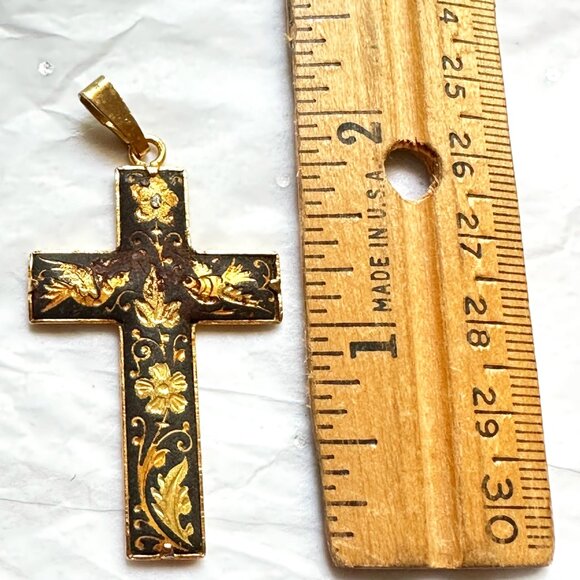 Vintage Damascence Cross 24K Gold Bird  and Flowers 2" - Picture 1 of 3